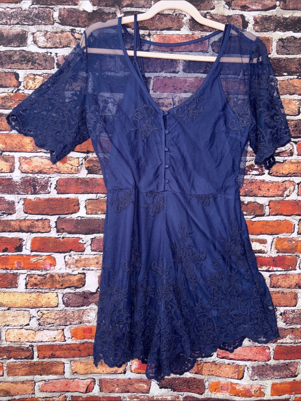 Charlotte Russe Navy Lace Romper with Sheer Sleeves Large